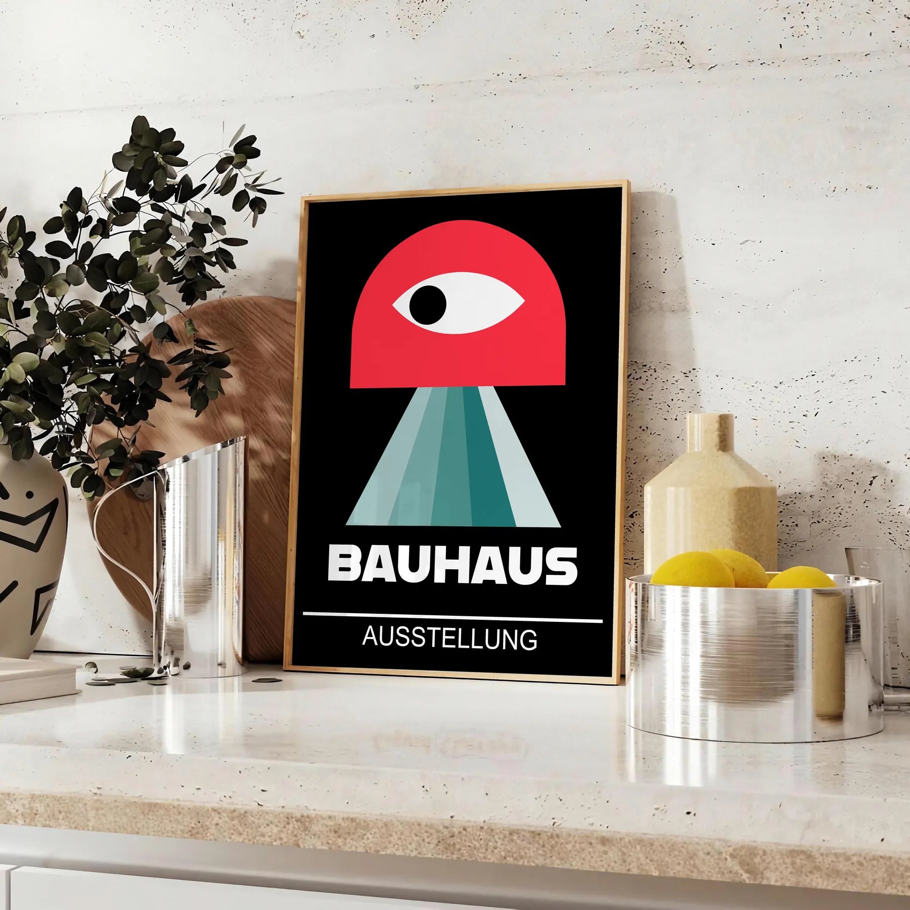 space Bauhaus art poster gray red hues modern wall print iconic style unique thoughtful gift home office decor frame