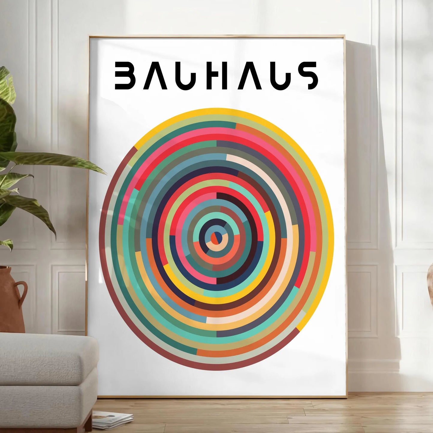 space stunning Bauhaus poster bold white orange palette art lovers minimalist enthusiasts wall unique gift unframed versions ideal addition home office decor